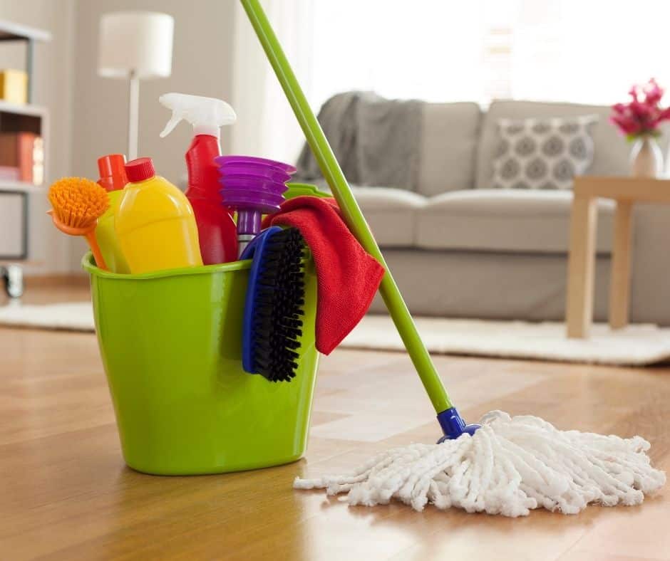 bucket with cleaning supplies