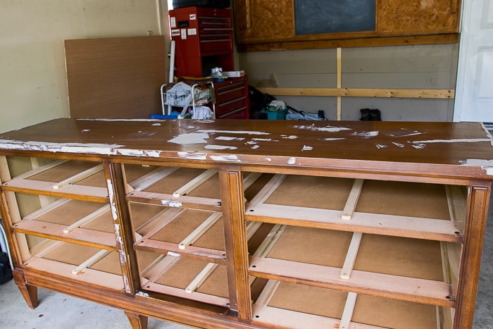 picture of dresser with drawers removed and wood filler on top