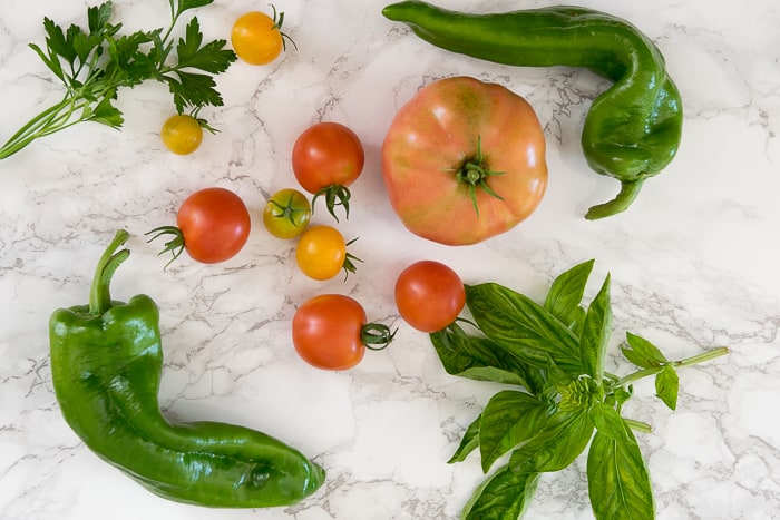 Picture of various size tomatoes, peppers, herbs