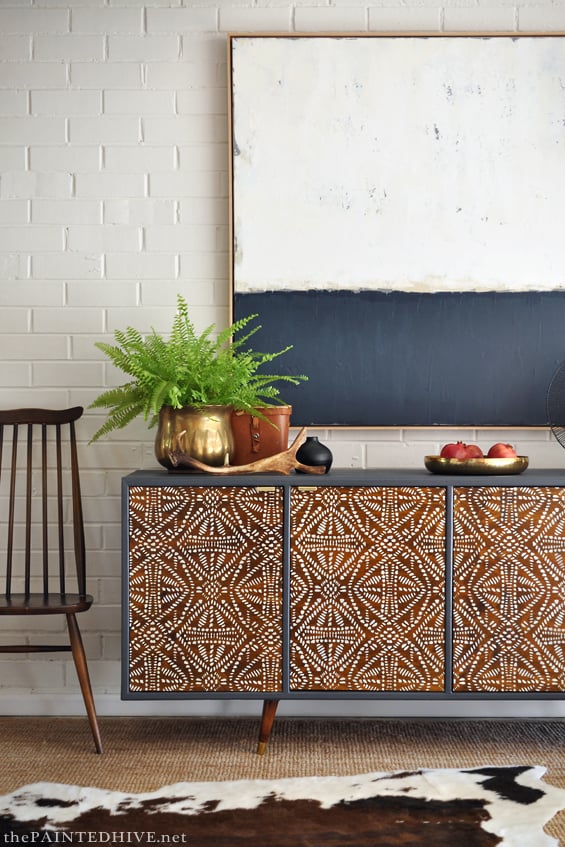 picture of a mid century style stenciled sideboard