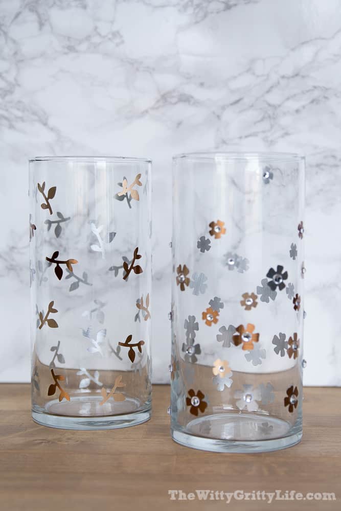 finished vases with foil flowers, leaves and stems applied