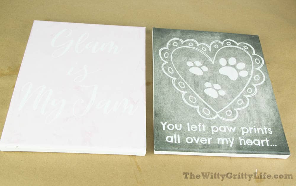 two of the free printables mounted on canvas for diy wall signs with quotes