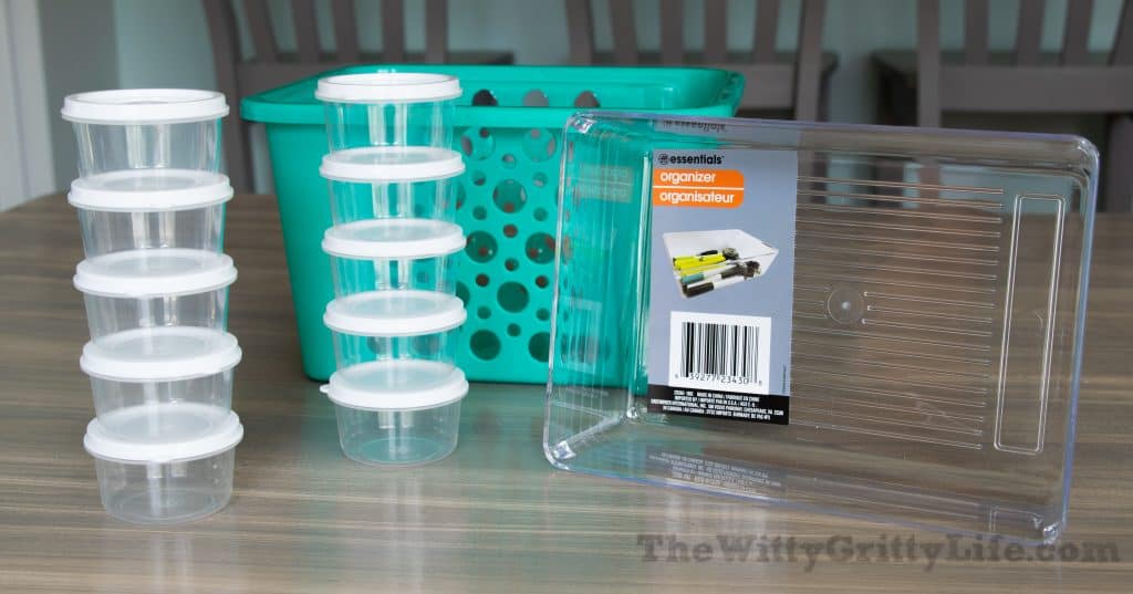 Just a few storage items you can find at dollar tree: small lidded containers, clear bins, small baskets