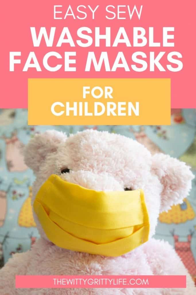 pinterest image with teddy bear for easy sew washable face masks for children