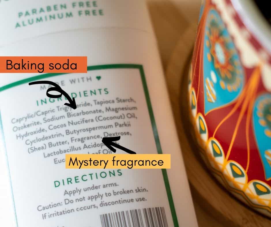 image of back of natural deodorant showing ingredients with arrows pointing to sodium bicarbonate and fragrance