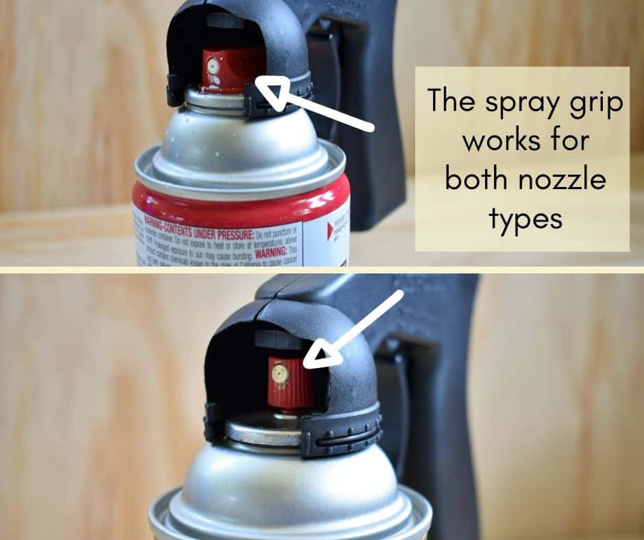 image showing the tops of two cans of spray paint, each fitted with a spray grip attachment and arrows pointing to each stating The nozzle attachment works for both nozzle types