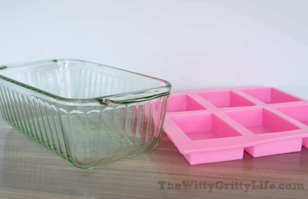 glass loaf pan and silicone mold used for homemade soap