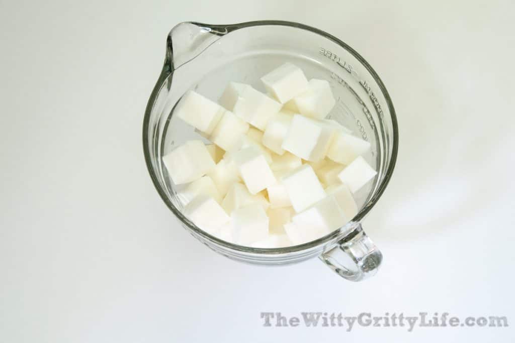 soap chunks in bowl, ready for melting in microwave or double boiler for homemade soap