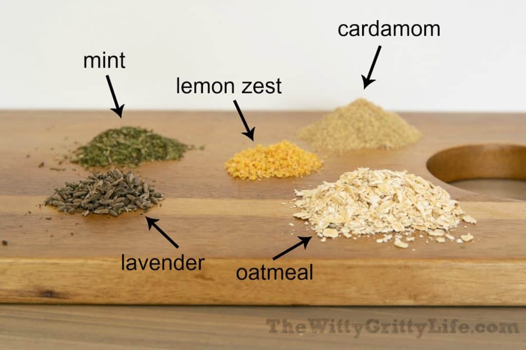 various dried herbs and add-ins for making homemade soap