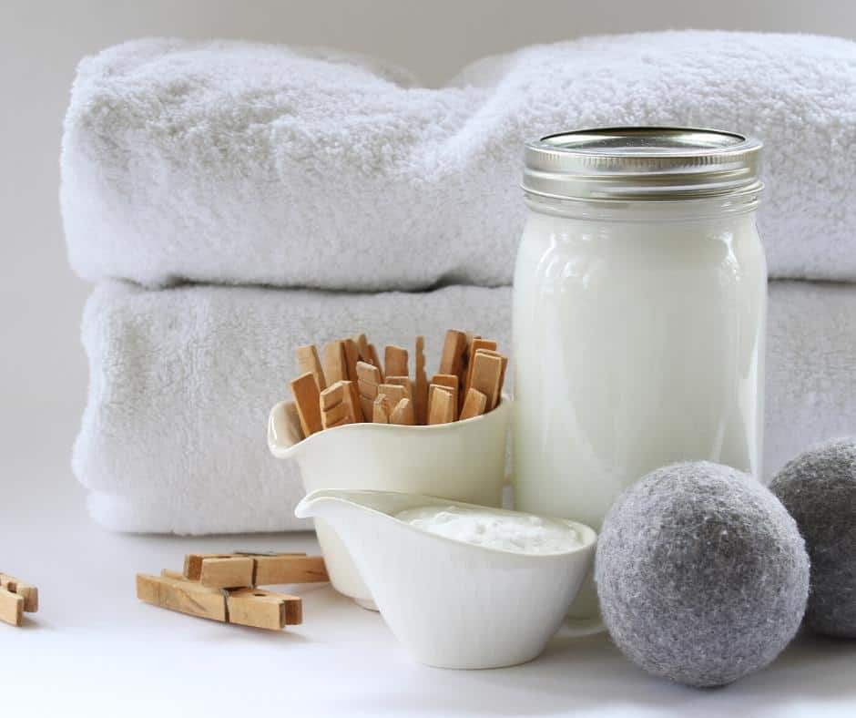 natural laundry soap, dryer balls, towels 