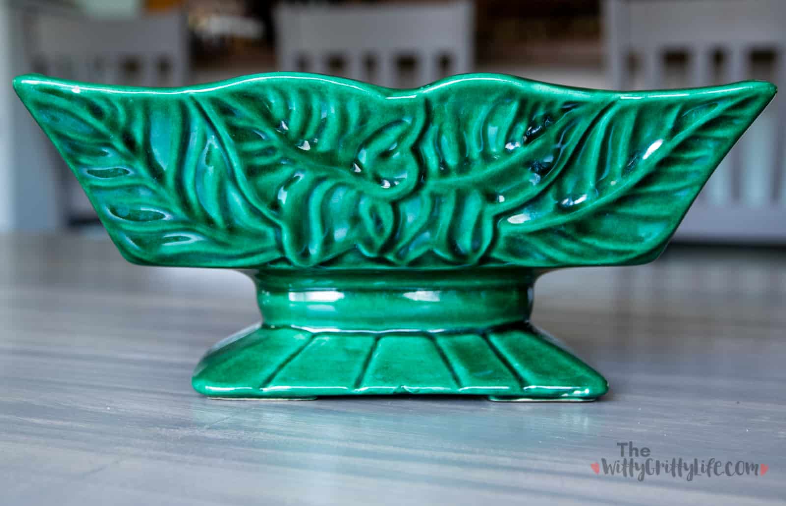 green floral mid century ceramic pedestal planter