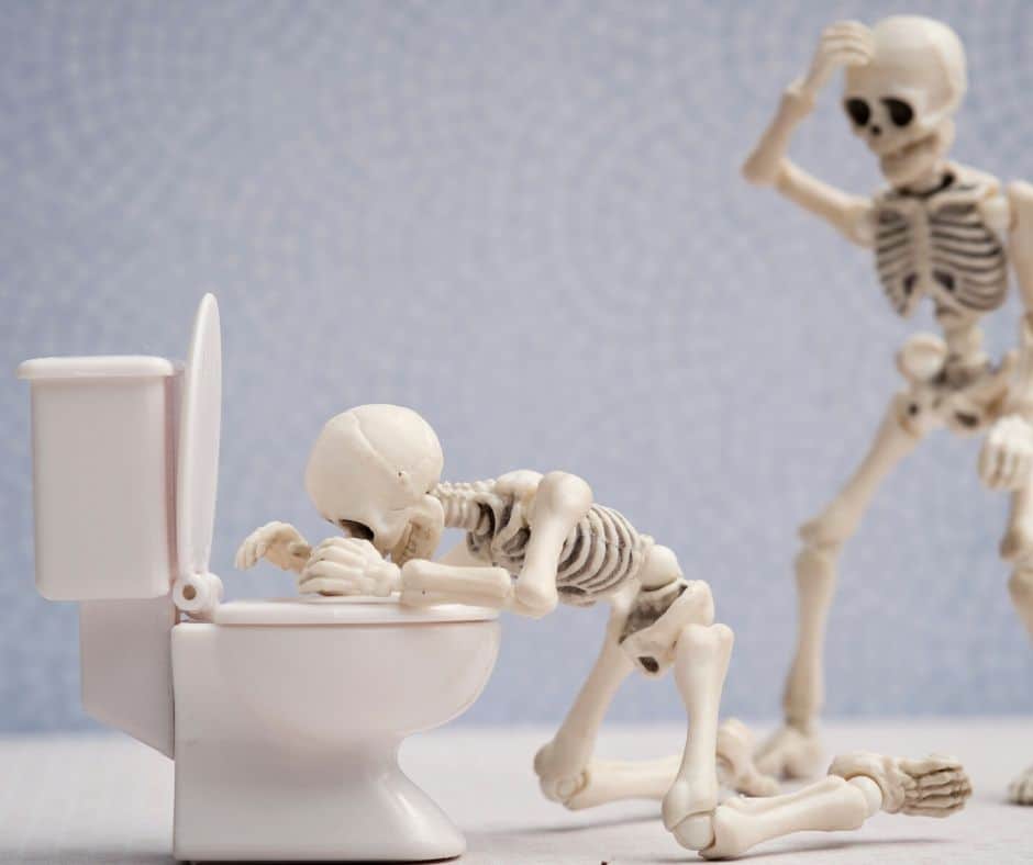 picture of skeleton throwing up in toilet