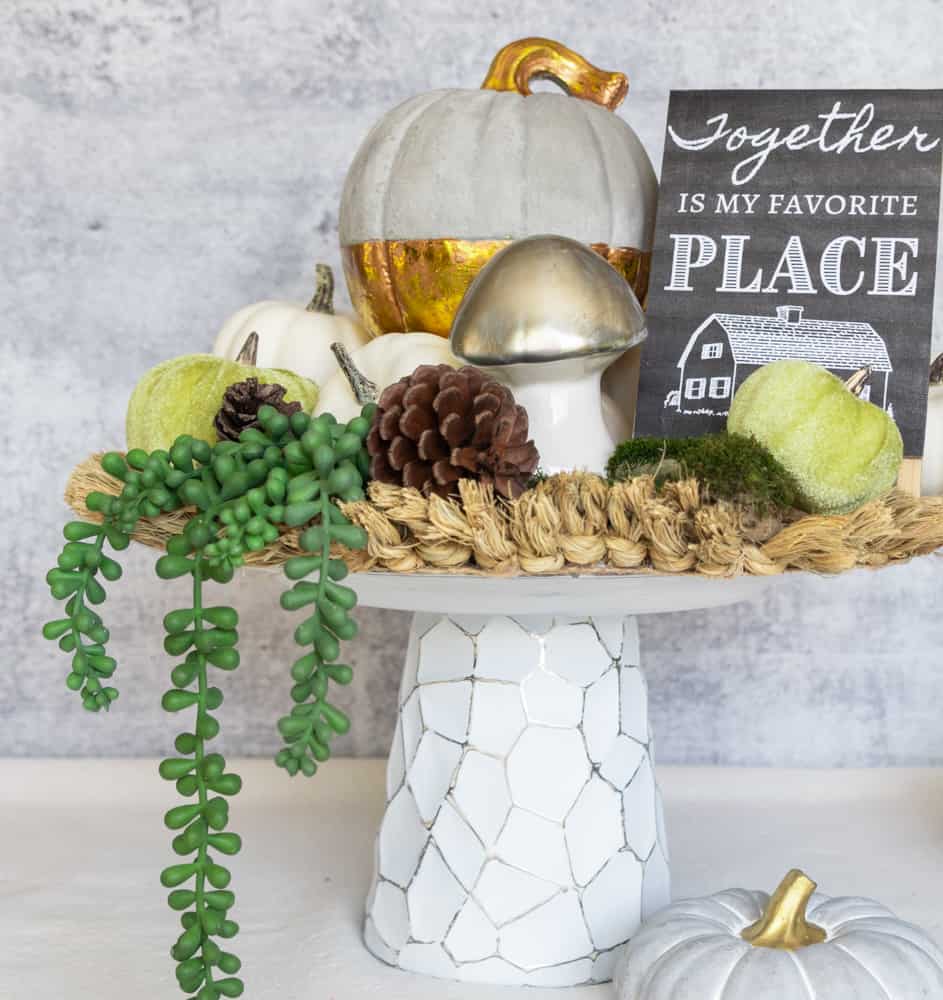 DIY cake stand decorated for the Fall season